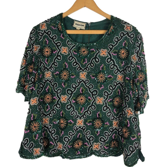 Vtg 1980s Beaded Sequins Evening Top L XL Silk Green Embellished Party Holiday - Picture 1 of 9